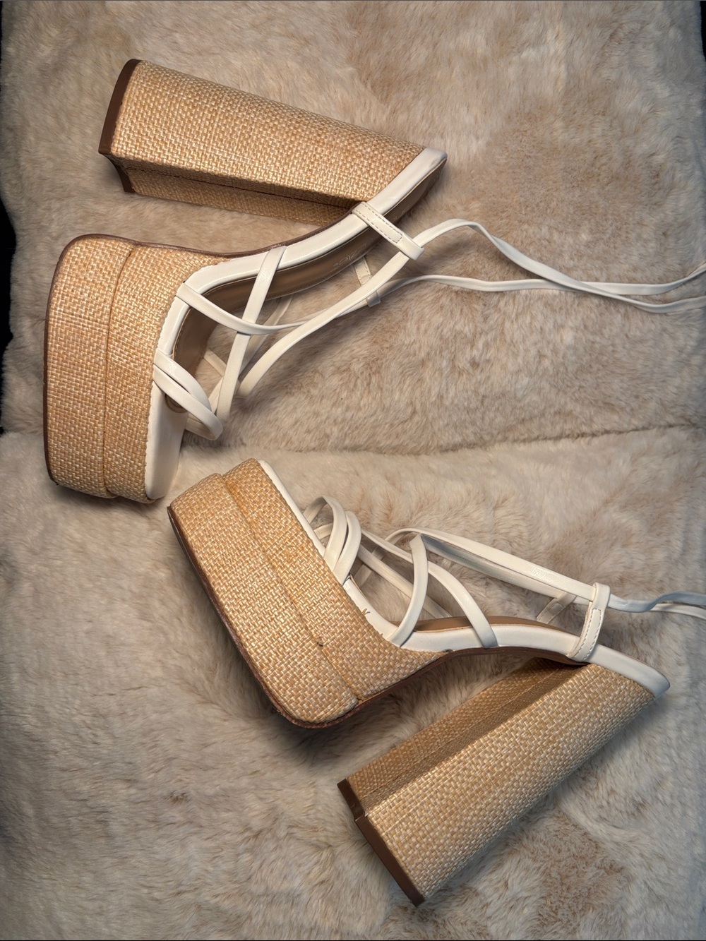 Shoe Dazzle White Strappy Woven-Platform Block Heels